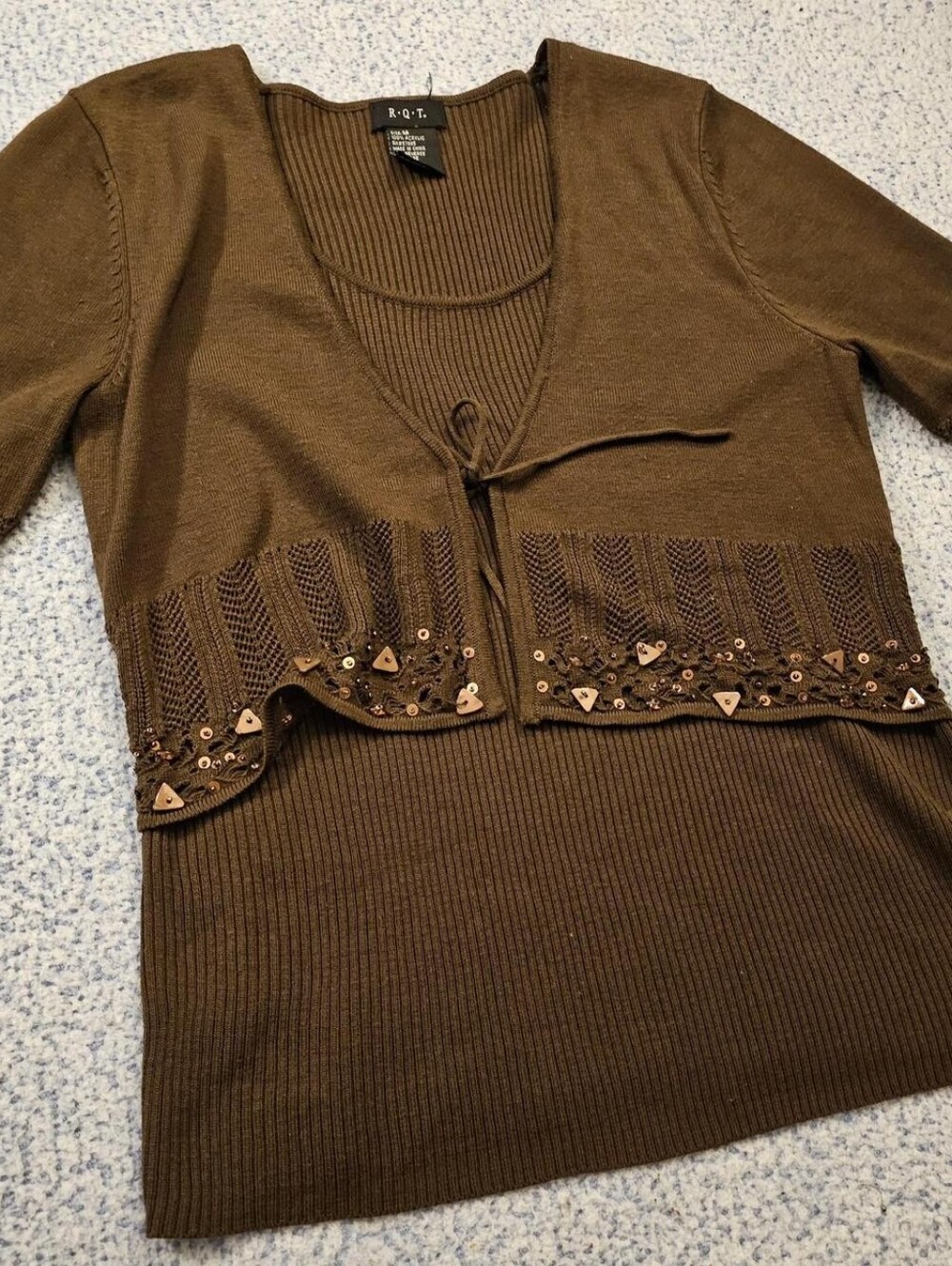 Brown Beaded Women’s Short Sleeve Sweater